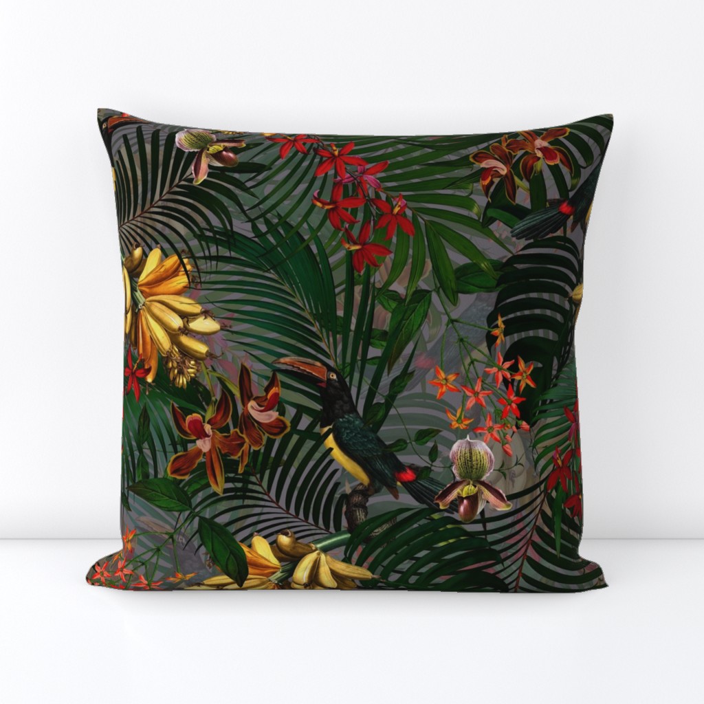 18" Tropical Night - Toucan in palm jungle with tropical flowers and bananas - dark gray