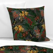 18" Tropical Night - Toucan in palm jungle with tropical flowers and bananas - dark gray