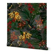 18" Tropical Night - Toucan in palm jungle with tropical flowers and bananas - dark gray