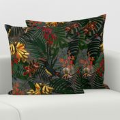 18" Tropical Night - Toucan in palm jungle with tropical flowers and bananas - dark gray