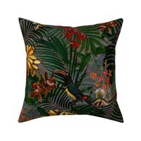 18" Tropical Night - Toucan in palm jungle with tropical flowers and bananas - dark gray