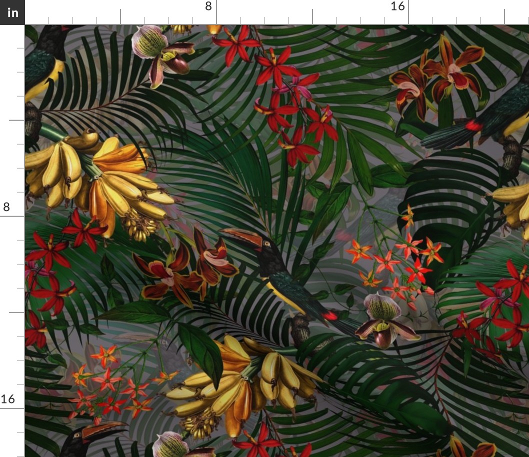 18" Tropical Night - Toucan in palm jungle with tropical flowers and bananas - dark gray