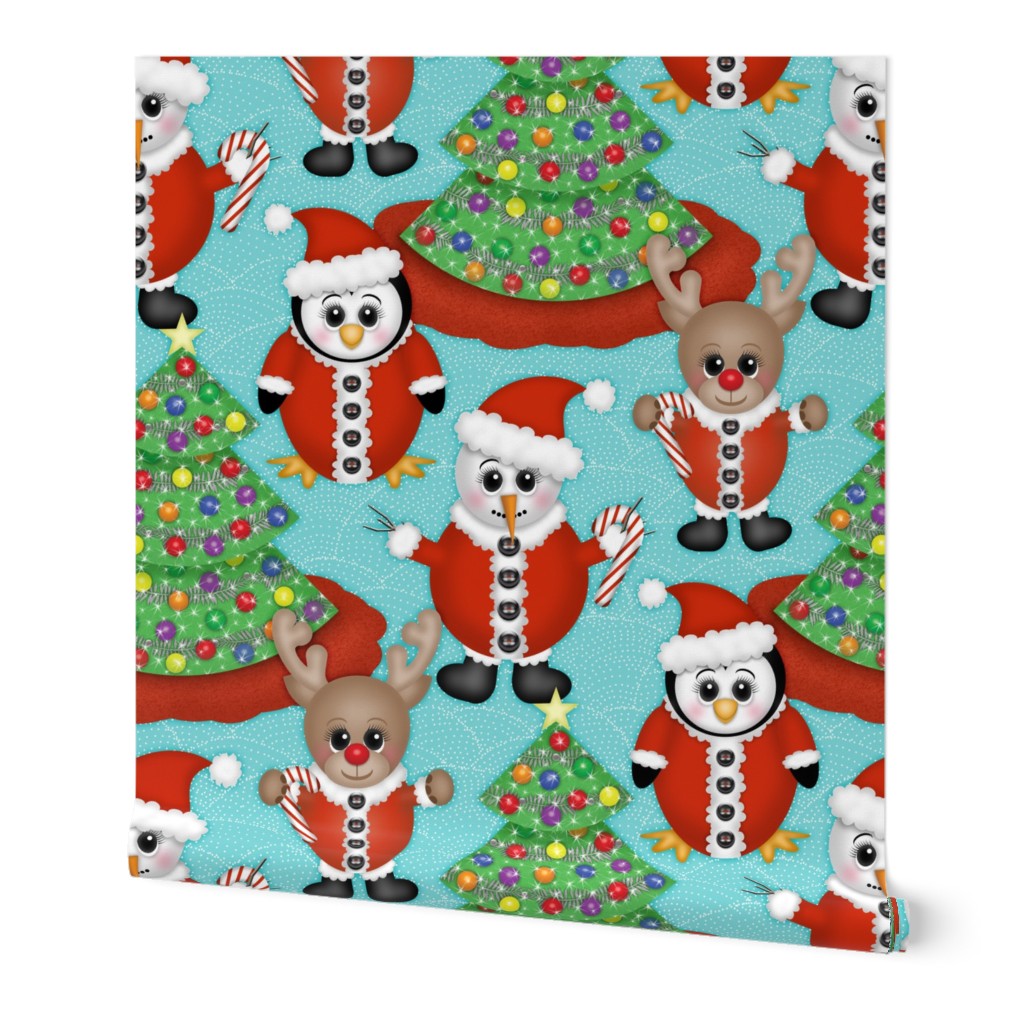 Snowman, Reindeer and Penguin in Santa Suits with Christmas Tree