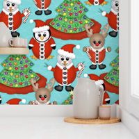 Snowman, Reindeer and Penguin in Santa Suits with Christmas Tree