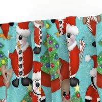 Snowman, Reindeer and Penguin in Santa Suits with Christmas Tree