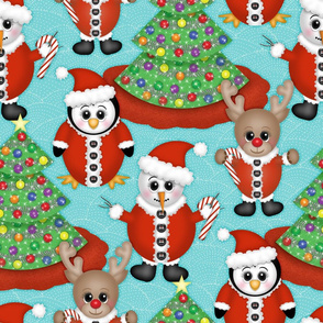 Snowman, Reindeer and Penguin in Santa Suits with Christmas Tree