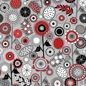 Red, Black and White Mid Century Modern Field of Flowers // V2 // Medium Scale - 400 DPI
