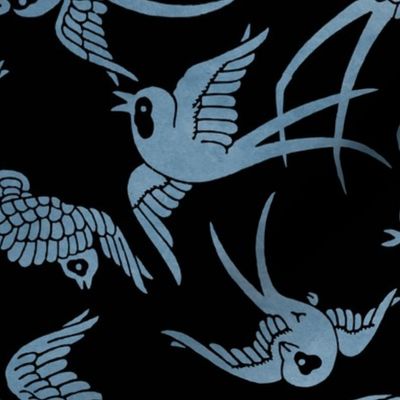 VINTAGE JAPANESE SWALLOWS - DUSTY BLUE ON BLACK