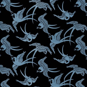 VINTAGE JAPANESE SWALLOWS - DUSTY BLUE ON BLACK