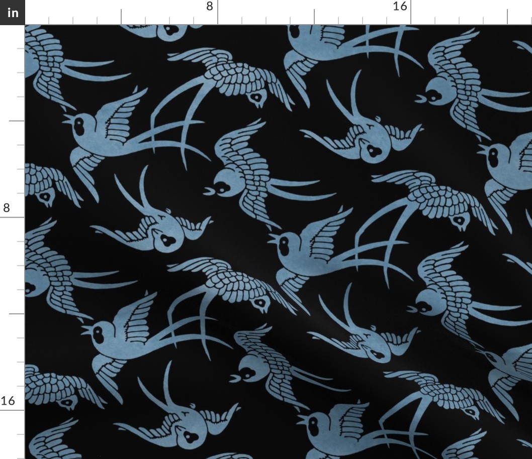 VINTAGE JAPANESE SWALLOWS - DUSTY BLUE ON BLACK