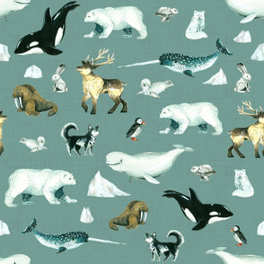 Arctic Pals / Watercolour Arctic Animals on Teal Linen Background