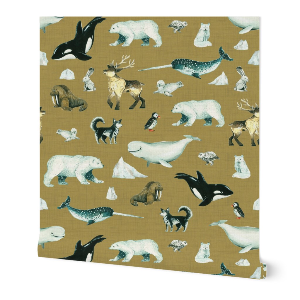 Arctic Pals / Watercolour Arctic Animals on Tan Linen Background