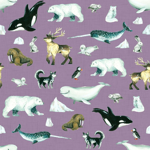 Arctic Pals / Watercolour Arctic Animals on Purple Linen Background