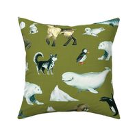 Arctic Pals / Watercolour Arctic Animals on Green Linen Background - Larger
