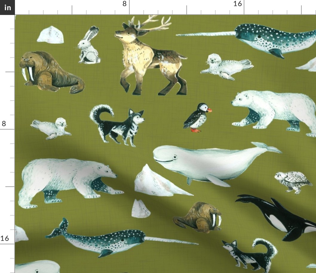 Arctic Pals / Watercolour Arctic Animals on Green Linen Background - Larger