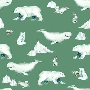 White Arctic Animals and Ice on Green Background