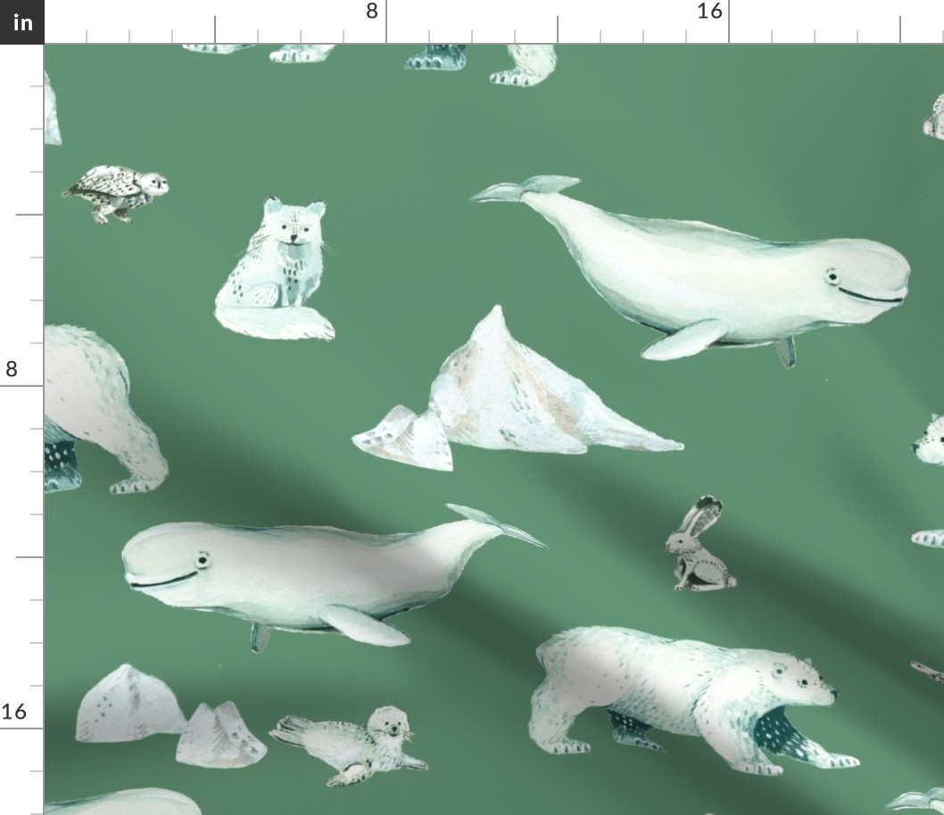 White Arctic Animals and Ice on Green Background