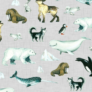 Arctic Pals / Watercolour Arctic Animals on Light Linen Background