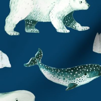 Arctic Pals / Watercolour Arctic Animals on Deep Blue Background
