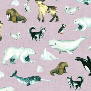Arctic Pals / Watercolour Arctic Animals on Mauve Linen Background