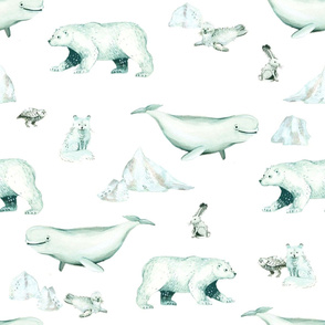 White Arctic Animals and Ice on White Background