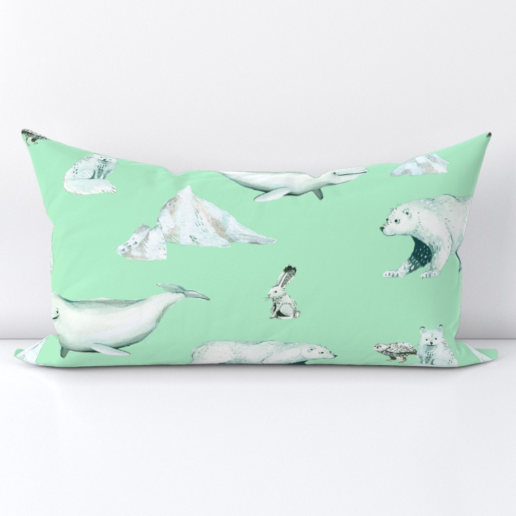 White Arctic Animals and Ice on Mint Background