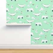 White Arctic Animals and Ice on Mint Background
