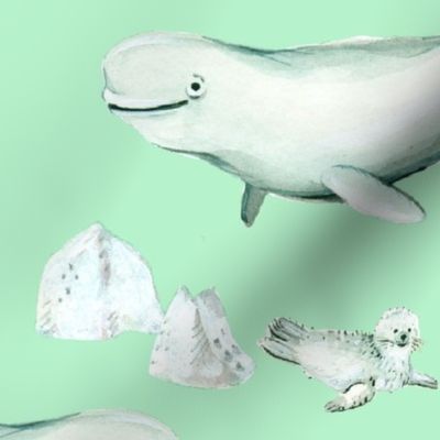 White Arctic Animals and Ice on Mint Background