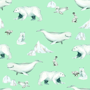 White Arctic Animals and Ice on Mint Background