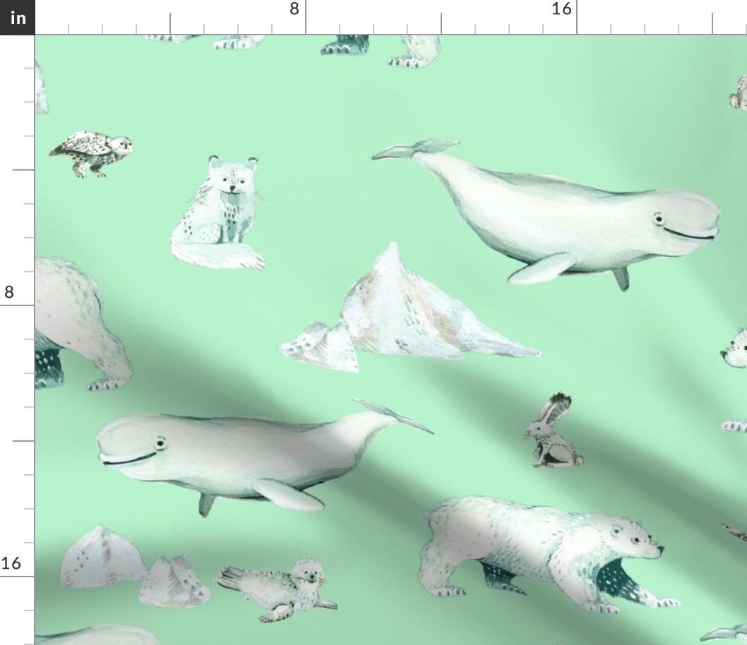 White Arctic Animals and Ice on Mint Background