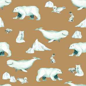 White Arctic Animals and Ice on Light Copper Background