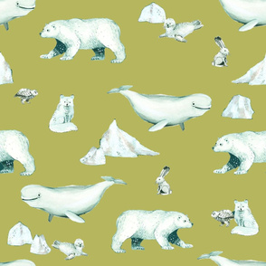 White Arctic Animals and Ice on Golden Tan Background