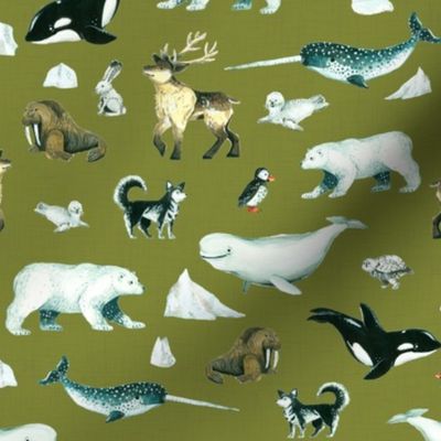 Arctic Pals / Watercolour Arctic Animals on Green Linen Background - Smaller