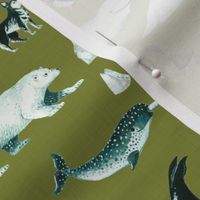 Arctic Pals / Watercolour Arctic Animals on Green Linen Background - Smaller