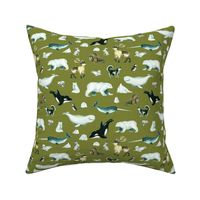 Arctic Pals / Watercolour Arctic Animals on Green Linen Background - Smaller