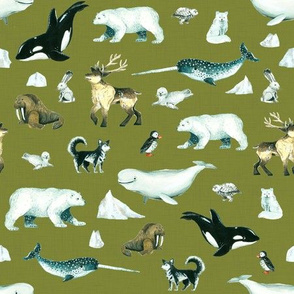 Arctic Pals / Watercolour Arctic Animals on Green Linen Background - Smaller