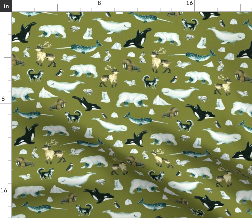 Arctic Pals / Watercolour Arctic Animals on Green Linen Background - Smaller