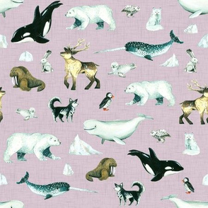 Arctic Pals / Watercolour Arctic Animals on Mauve Linen Background - Smaller Size