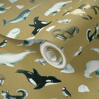 Arctic Pals / Watercolour Arctic Animals on Tan Linen Background - Smaller Size