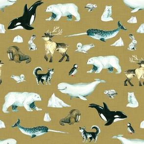 Arctic Pals / Watercolour Arctic Animals on Tan Linen Background - Smaller Size