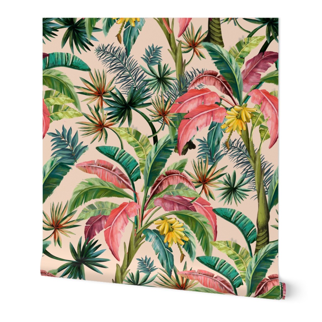 Tropical Banana Palm Leaves, Hollywood Regency, blush, bright colors, wallpaper