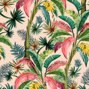 Tropical Banana Palm Leaves, Hollywood Regency, blush, bright colors, wallpaper