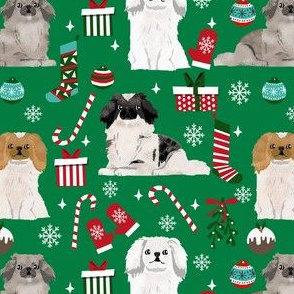 pekingese dog christmas fabric - christmas fabric, dog fabric, peke, - green