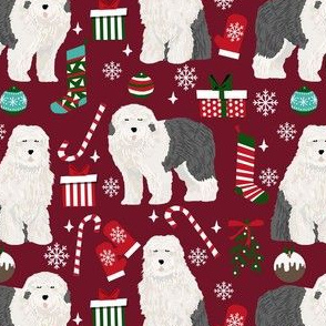 old english sheepdog christmas fabric - dog fabric, dogs fabric, holiday dog fabric, christmas dog fabric -  ruby