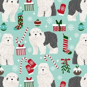 old english sheepdog christmas fabric - dog fabric, dogs fabric, holiday dog fabric, christmas dog fabric -  light blue