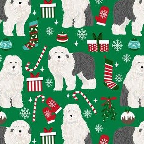 old english sheepdog christmas fabric - dog fabric, dogs fabric, holiday dog fabric, christmas dog fabric - green