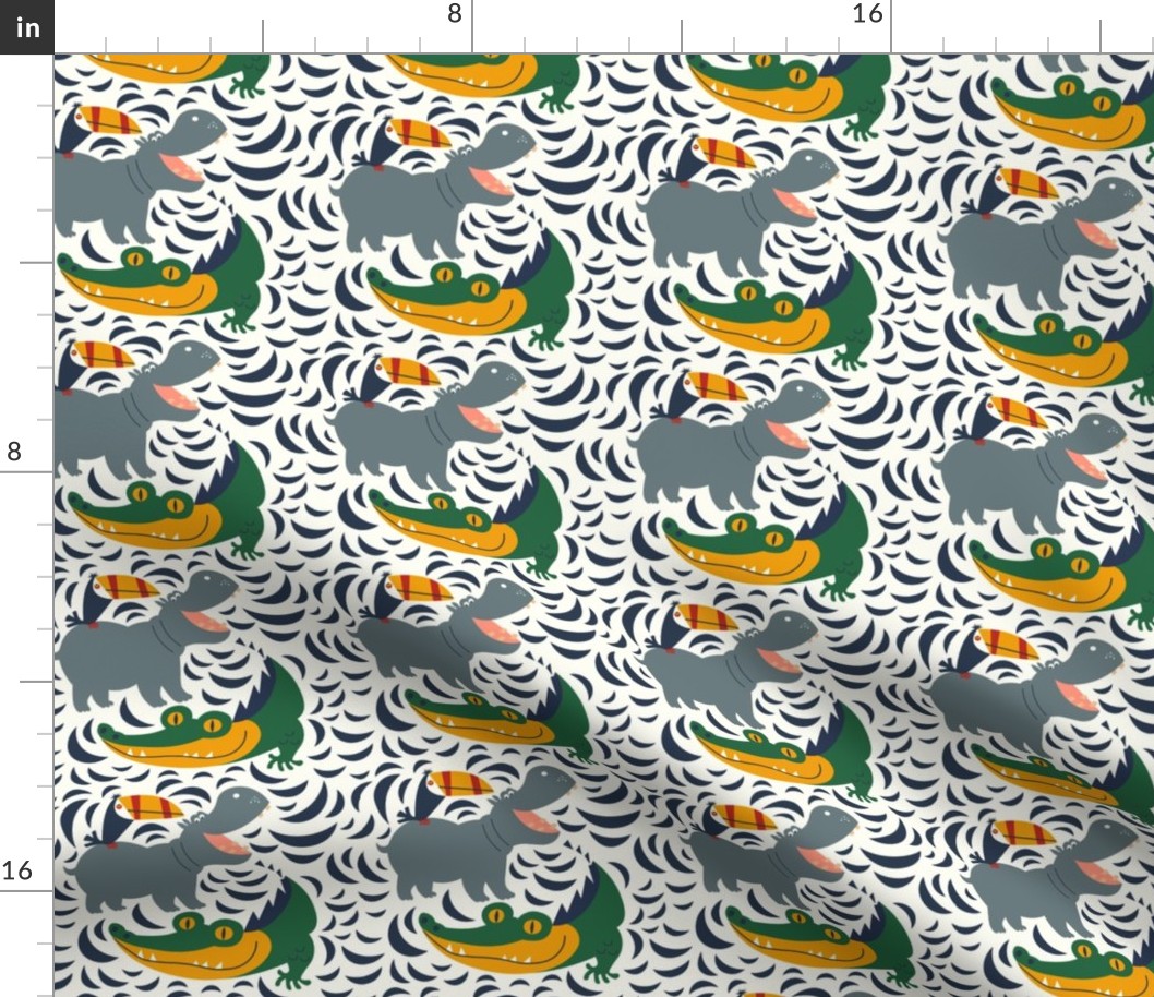 Hippo Hive // Alligator, Hippo & Toucan // Vibrant Colorway // Cute Animals // Childrens Fabric // Kids Pattern // Small Scale