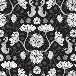 Birds and Blossoms Whimsical Floral Botanical with Cute Birds Damask in Black and White - UnBlink Studio by Jackie Tahara