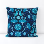 Birds and Blossoms Whimsical Floral Botanical with Cute Birds Damask in Azure Royal Blue Sapphire on Navy Indigo Blue - UnBlink Studio by Jackie Tahara