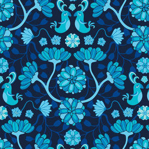 Birds and Blossoms Whimsical Floral Botanical with Cute Birds Damask in Azure Royal Blue Sapphire on Navy Indigo Blue - UnBlink Studio by Jackie Tahara